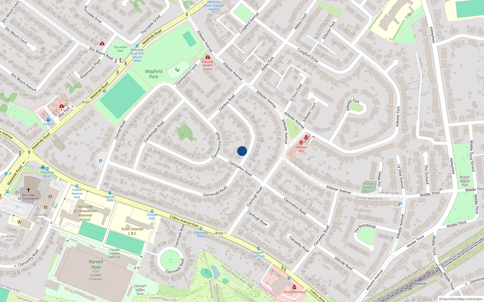Overhead map showing the location of 87 Clanronald Road, Donnycarney, Dublin 5