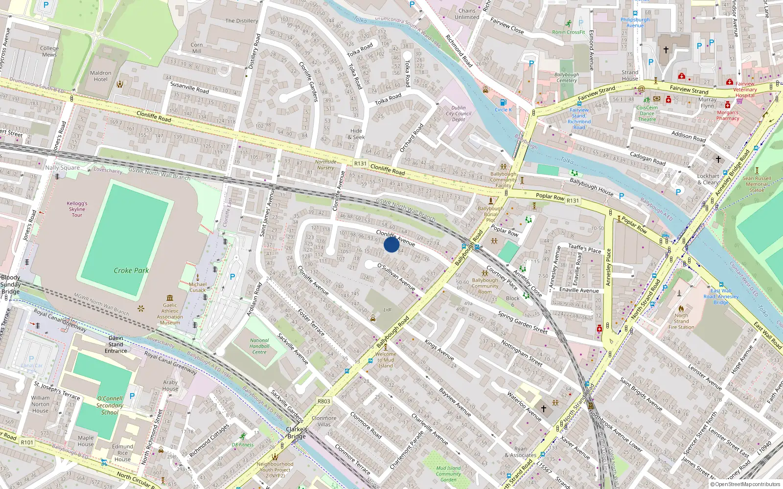 Overhead map showing the location of 87 Clonliffe Avenue, Dublin 3