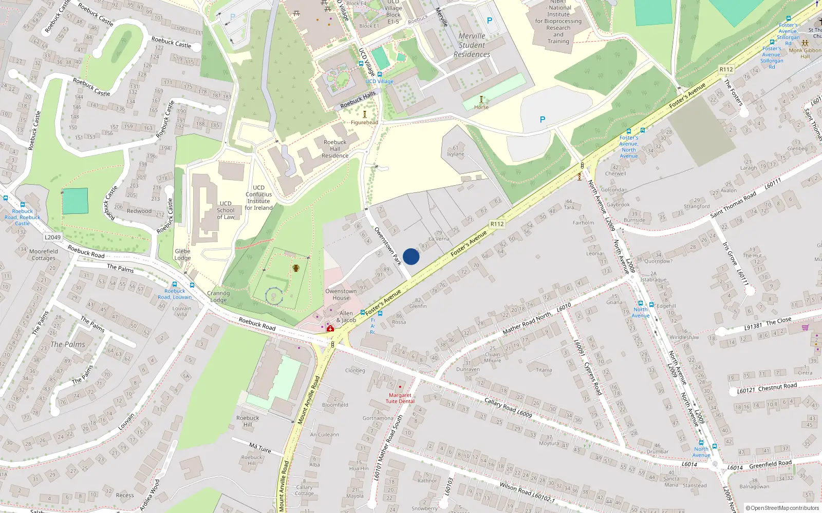 Overhead map showing the location of 87 Fosters Avenue, Mount Merrion, Blackrock