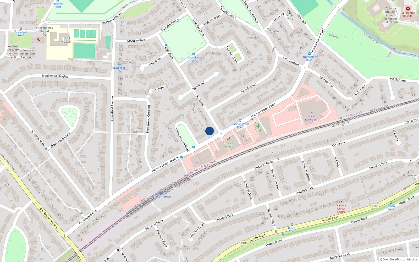 Overhead map showing the location of 87 Harmonstown Road, Dublin