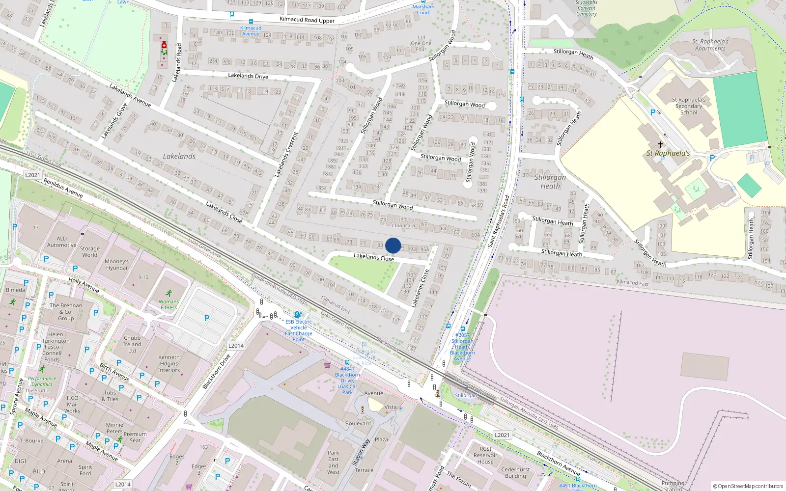 Overhead map showing the location of 87 Lakelands Close, Dublin