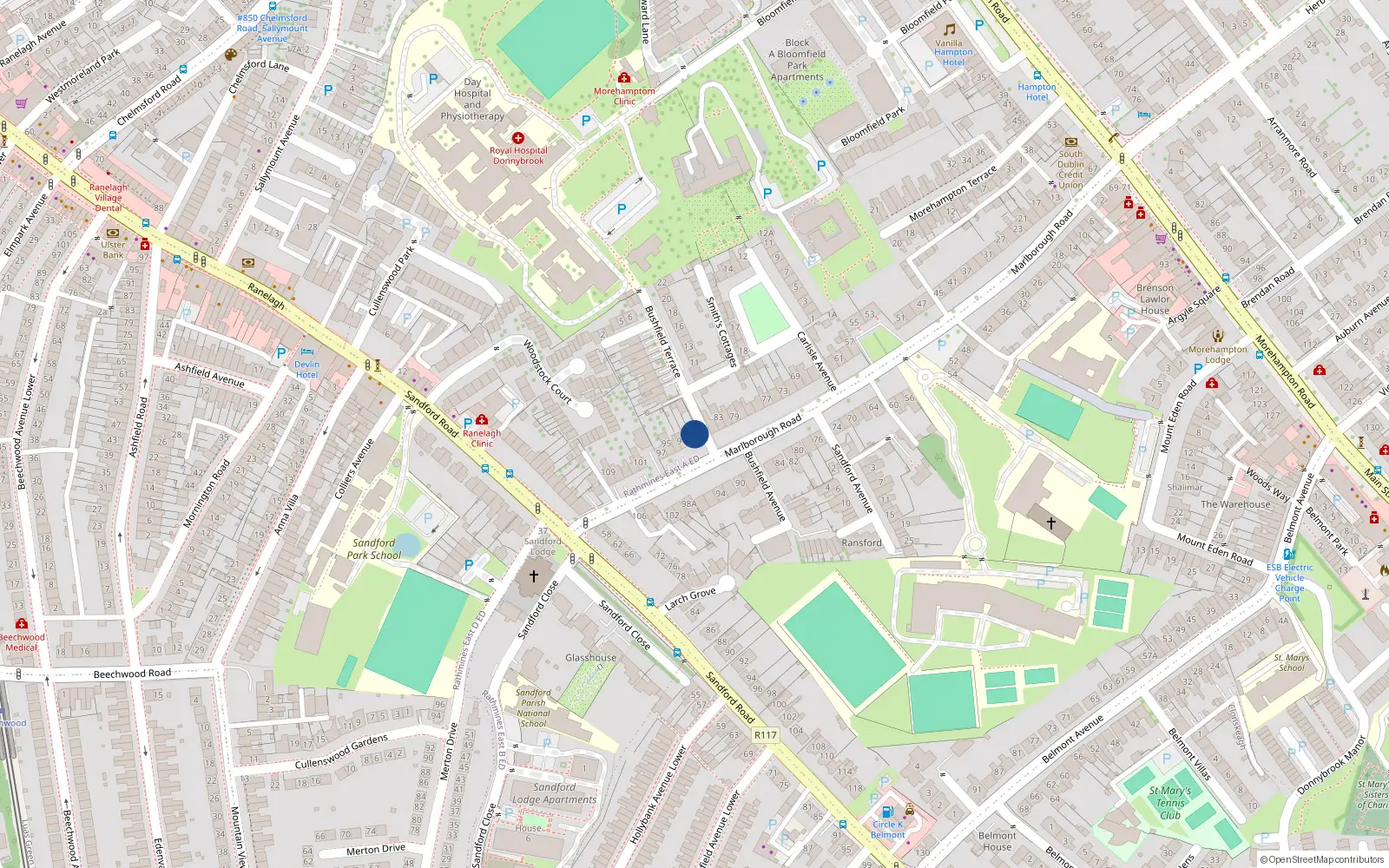 Overhead map showing the location of 87 Marlborough Road, Donnybrook