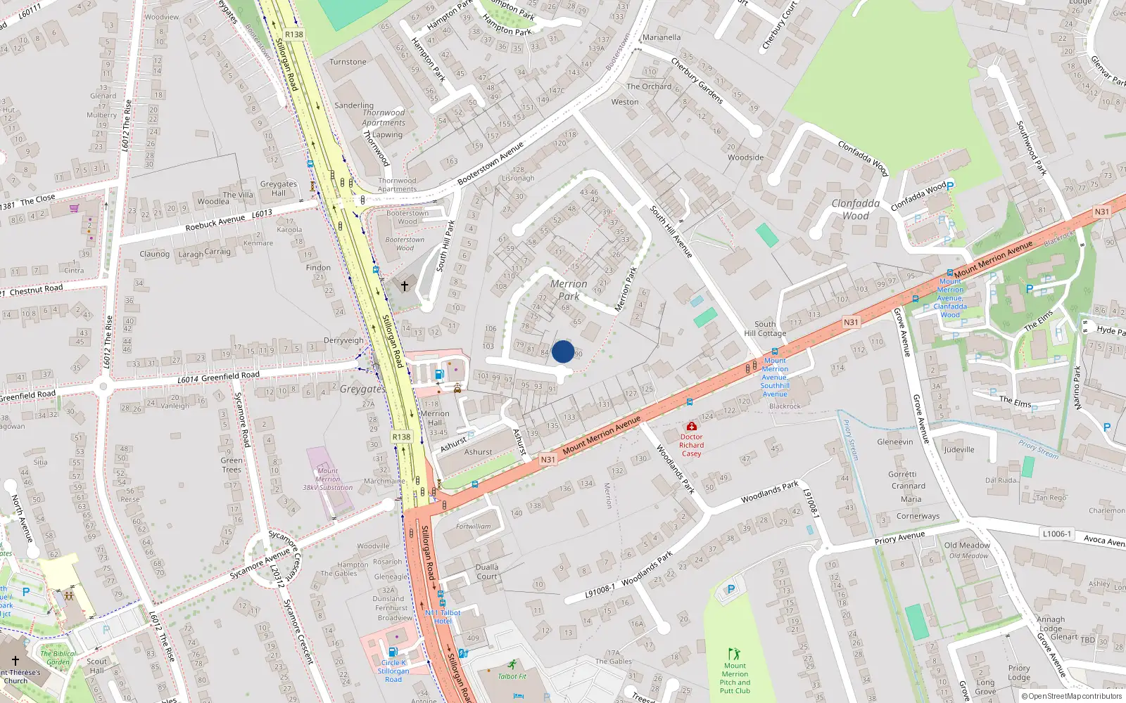 Overhead map showing the location of 87 Merrion Park, Hill Avenue South, Blackrock