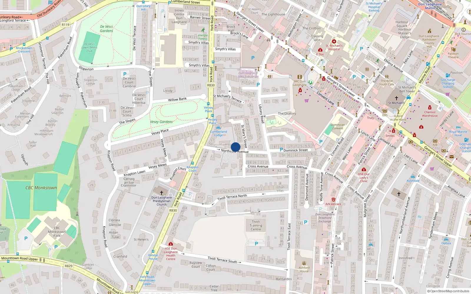 Overhead map showing the location of 87 Northcote Terrace, Dun Laoghaire, Dublin