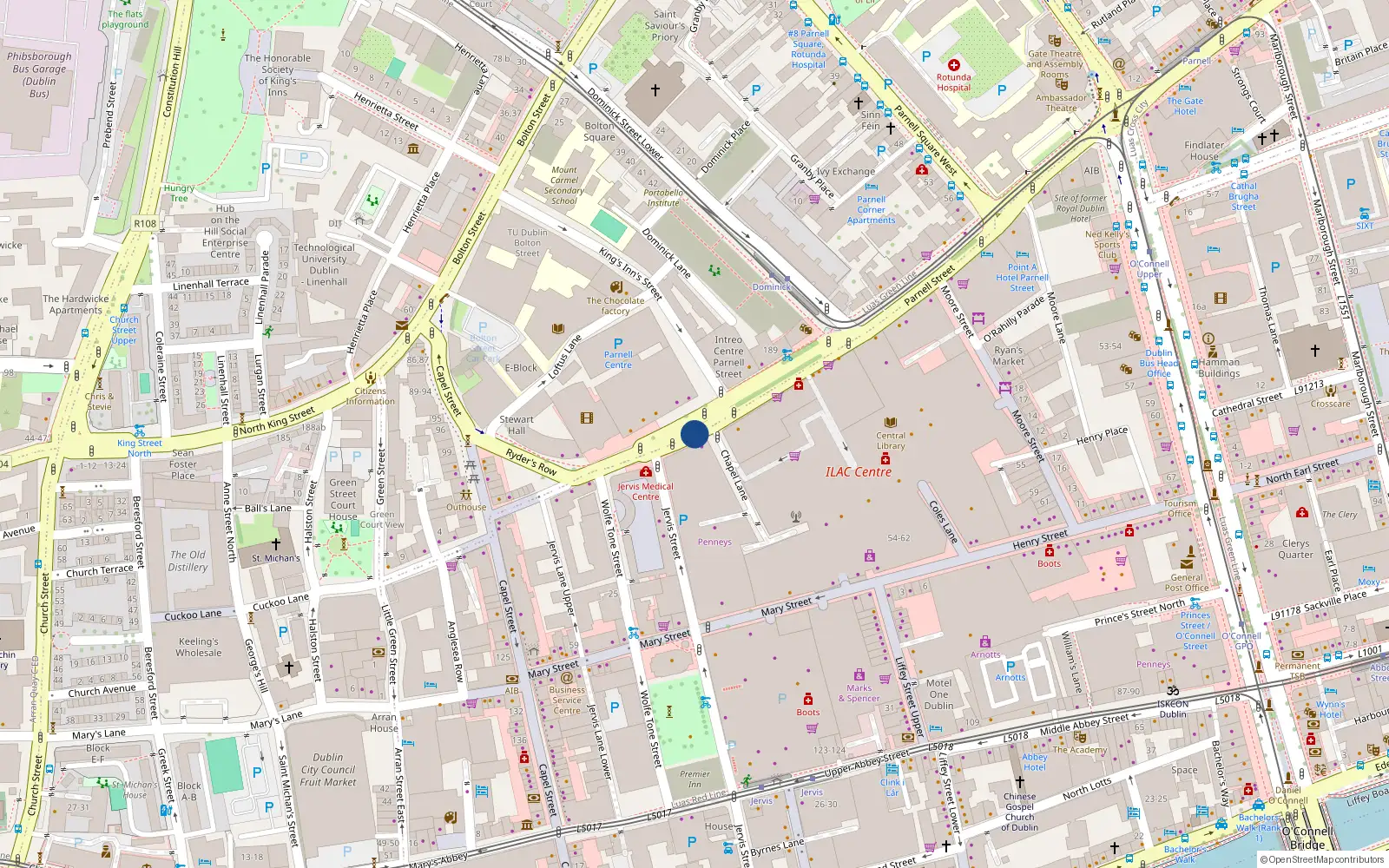 Overhead map showing the location of 87 Parnell Street, Dublin