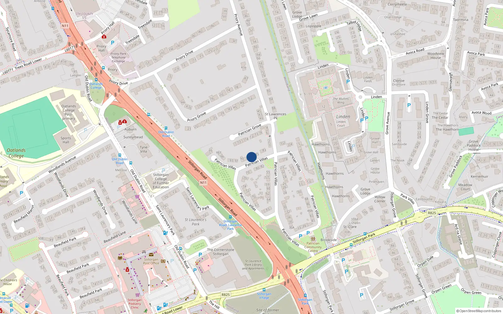 Overhead map showing the location of 87 Patrician Villas, Stillorgan, Dublin