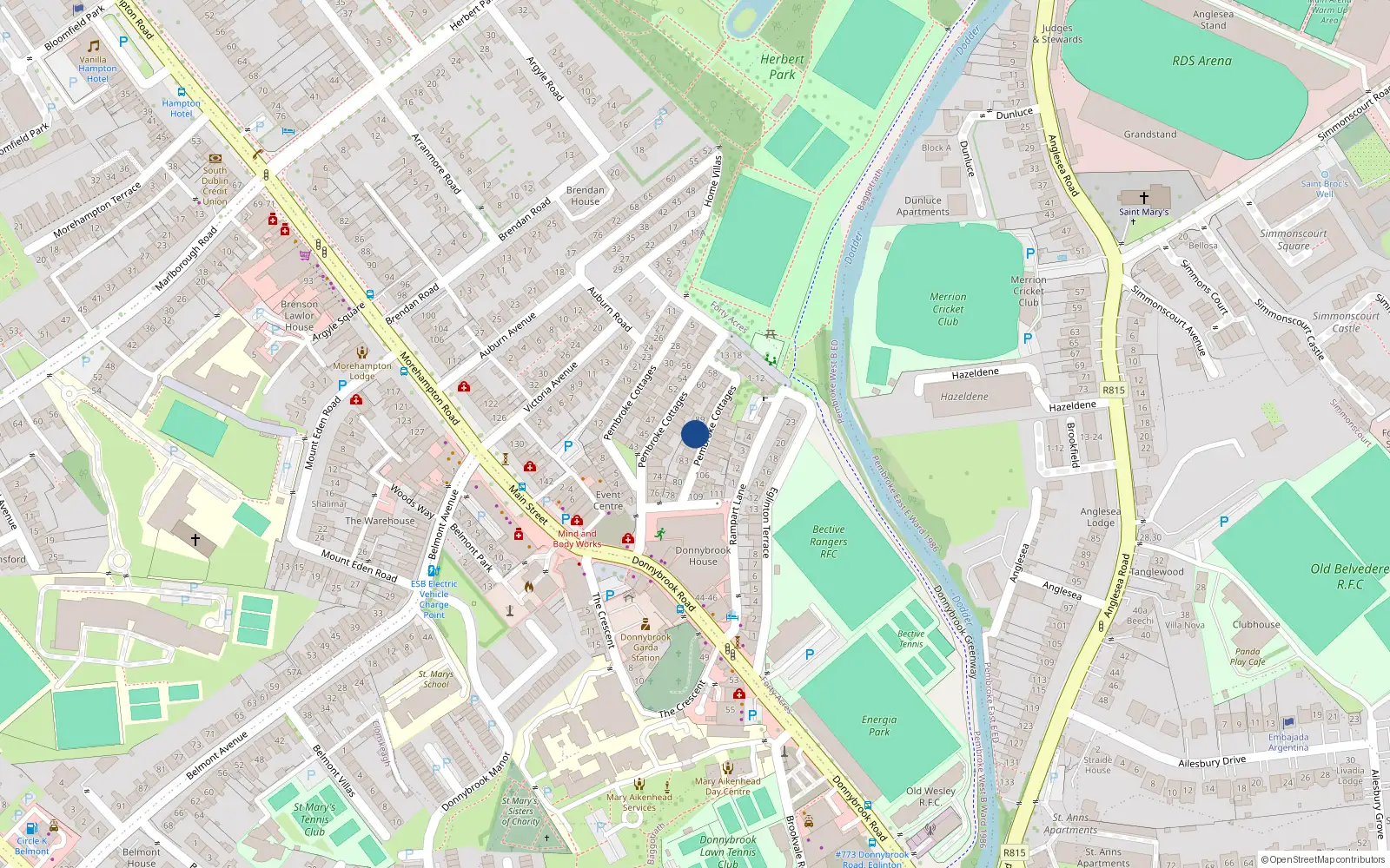 Overhead map showing the location of 87 Pembroke Cottages, Dublin 4