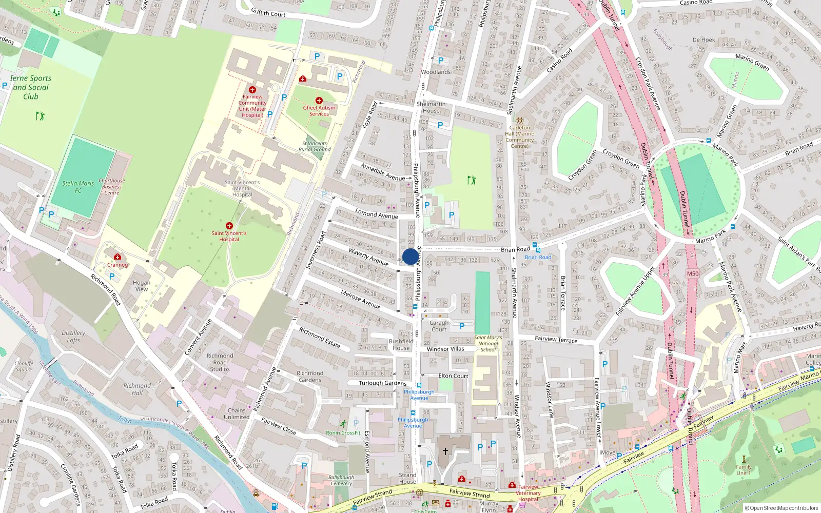 Overhead map showing the location of 87 Philipsburgh Avenue, Fairview, Dublin 3