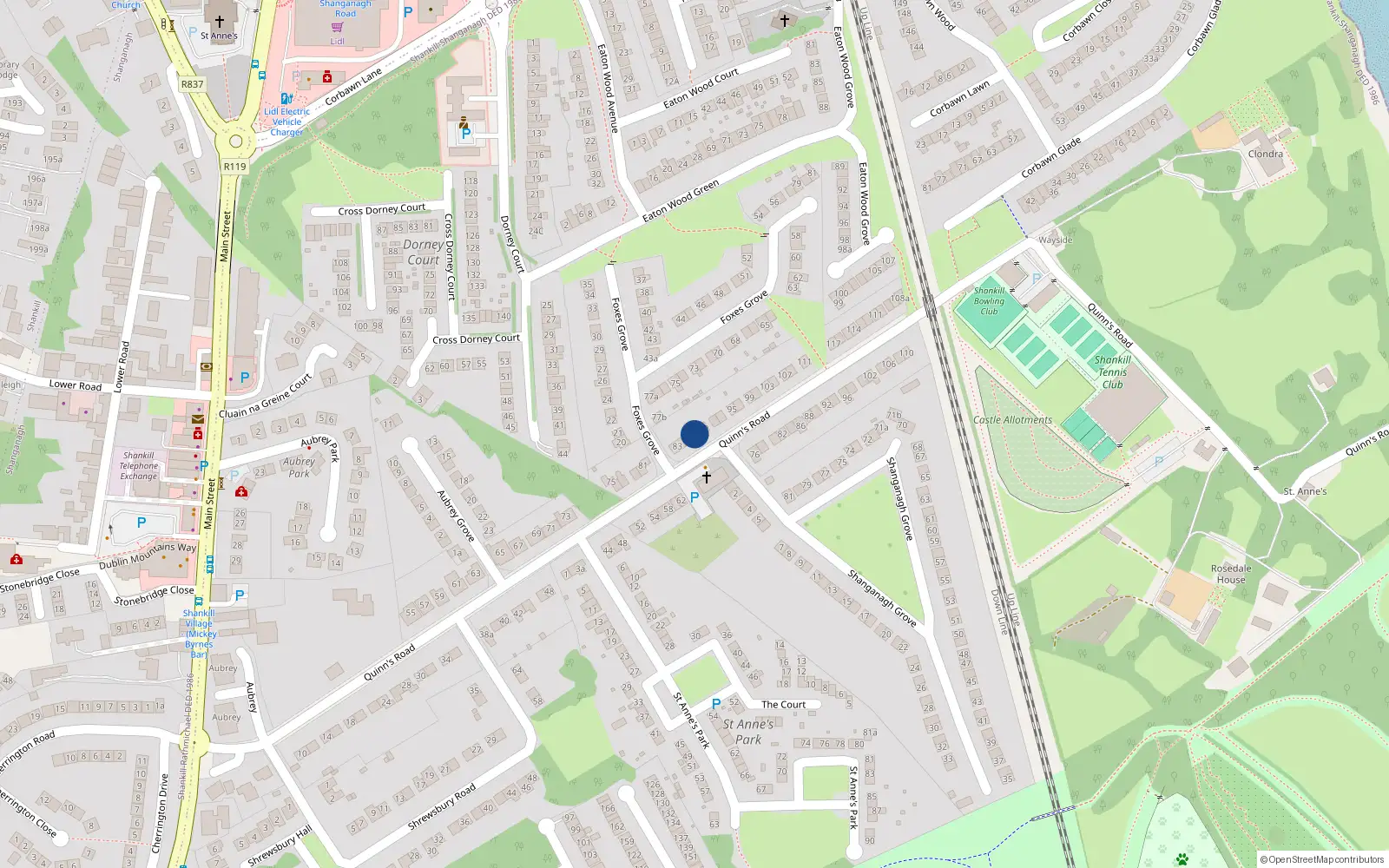 Overhead map showing the location of 87 Quinn's Road, Shankill