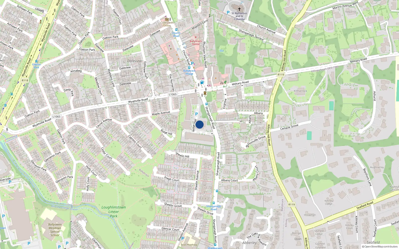 Overhead map showing the location of 87 Ridge Hall, Shanganagh Road, Ballybrack