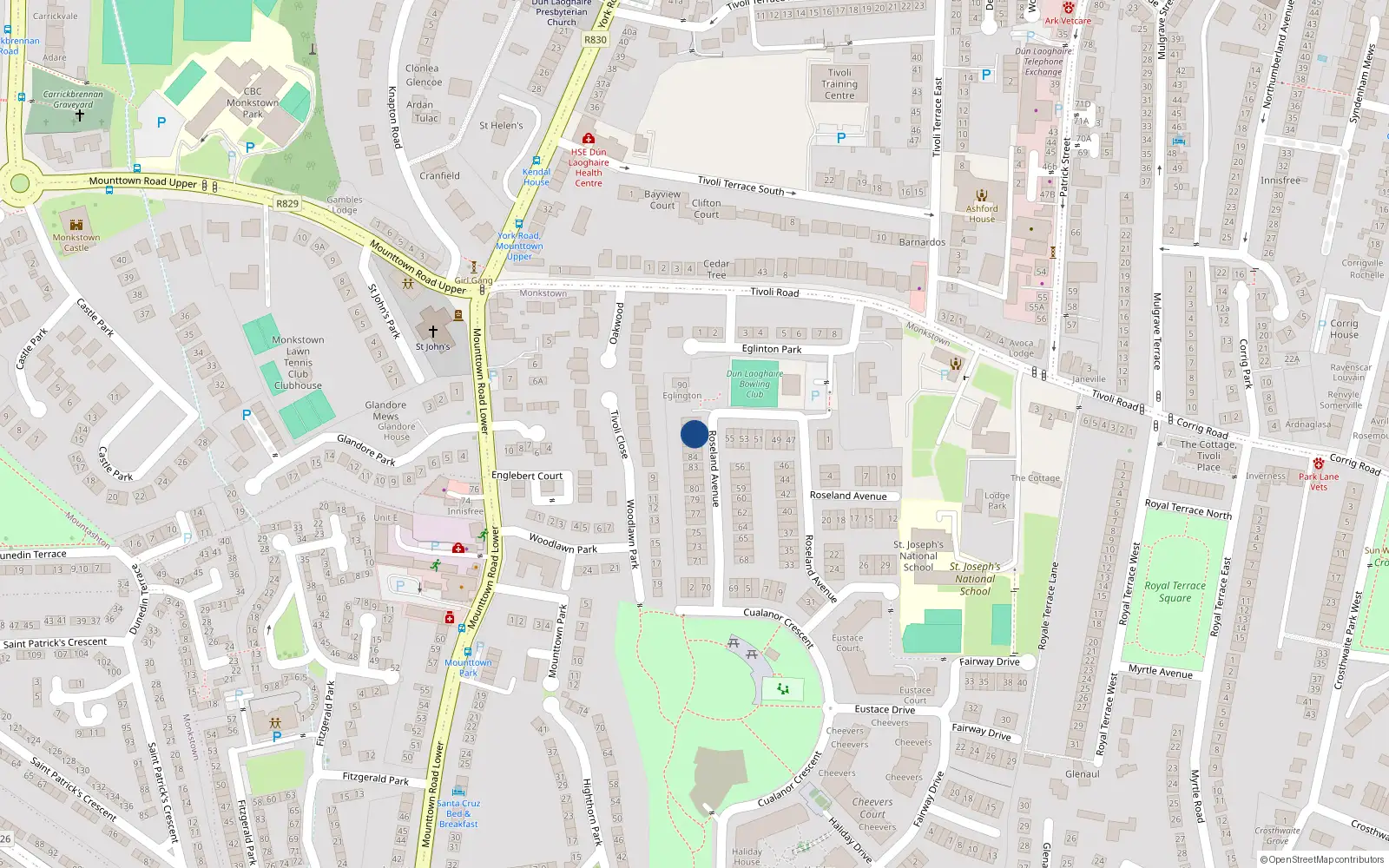 Overhead map showing the location of 87 Roseland Avenue, Co Dublin