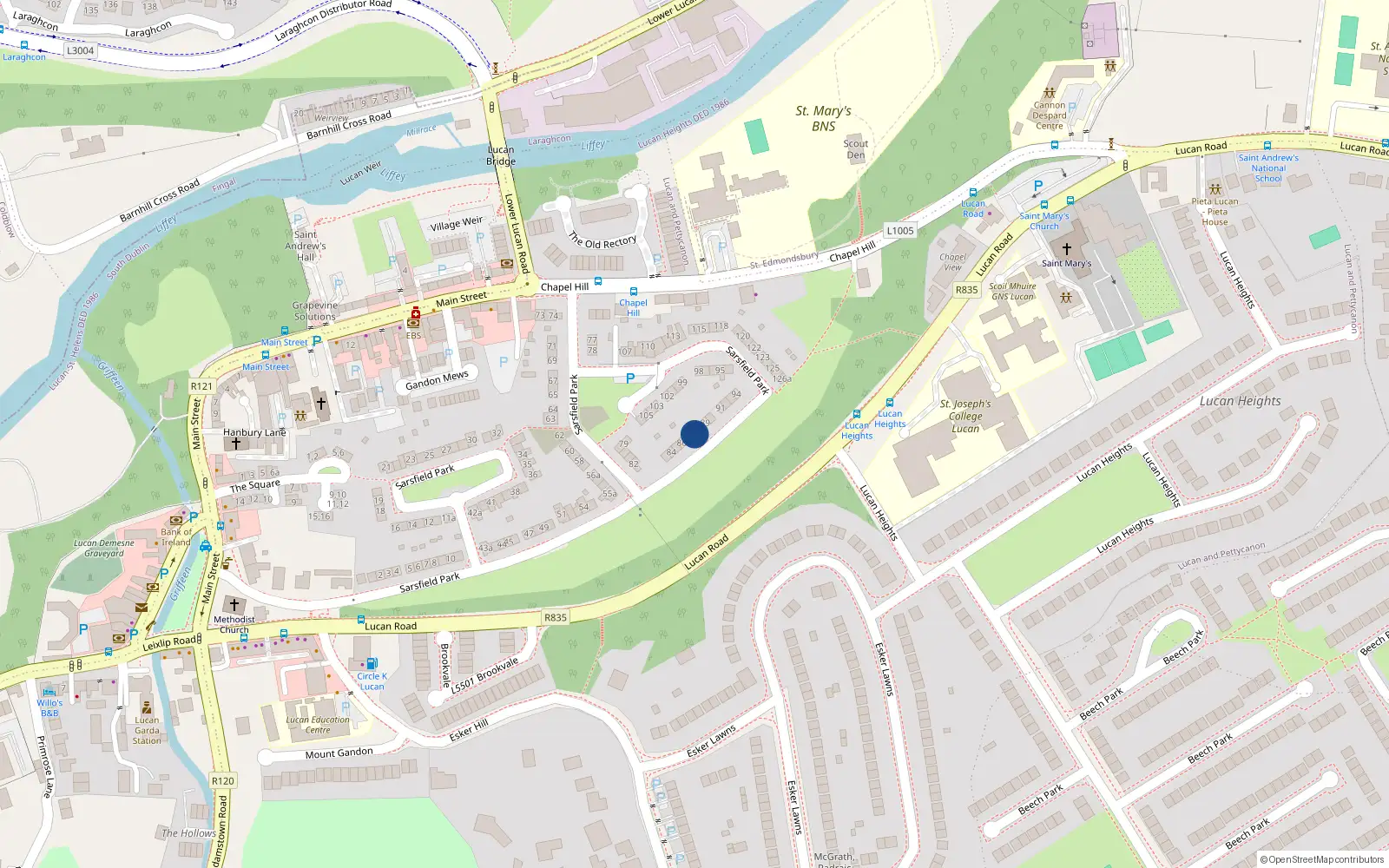 Overhead map showing the location of 87 Sarsfield Park, Lucan, Dublin