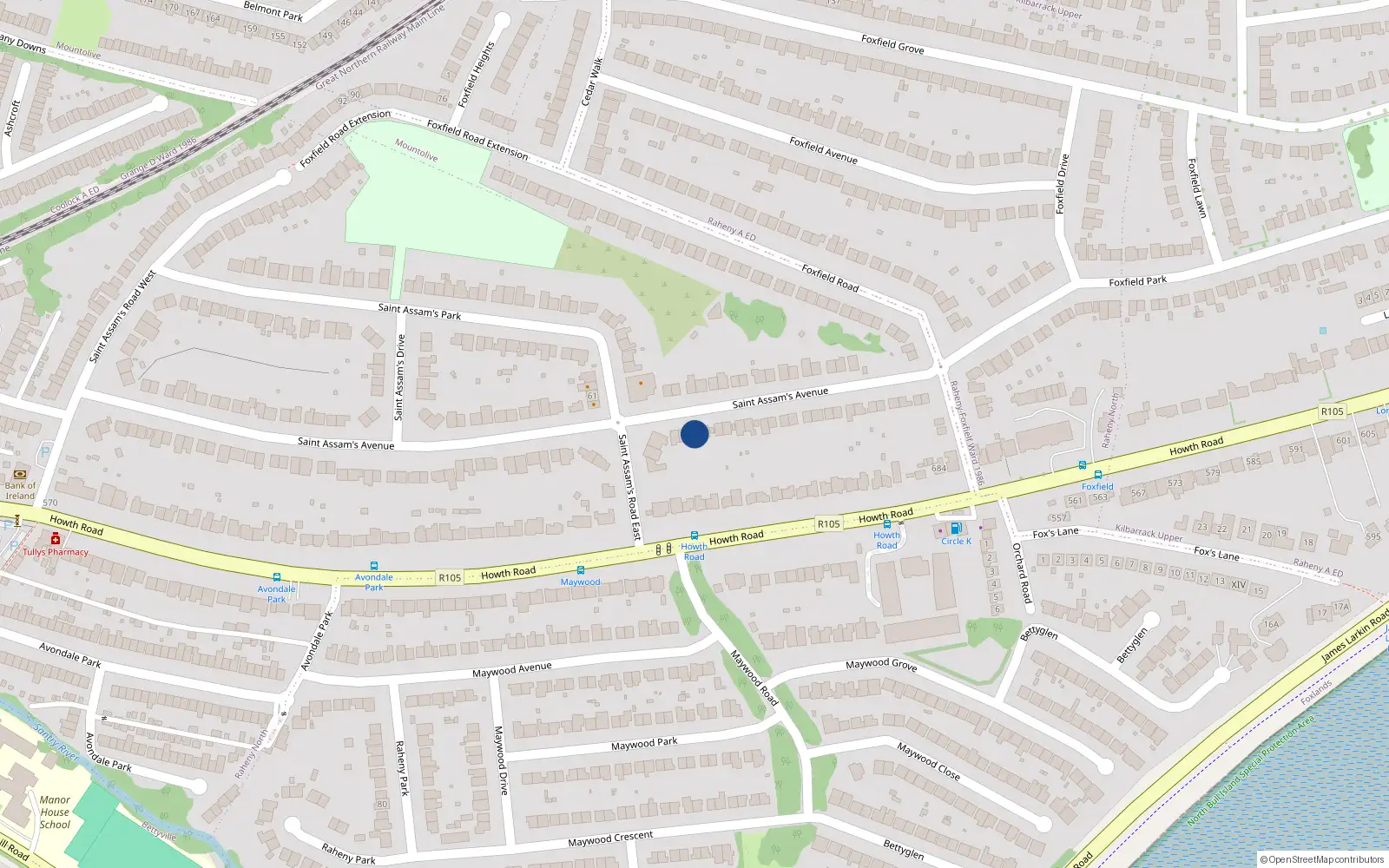 Overhead map showing the location of 87 St Assams Avenue, Raheny, Dublin 5