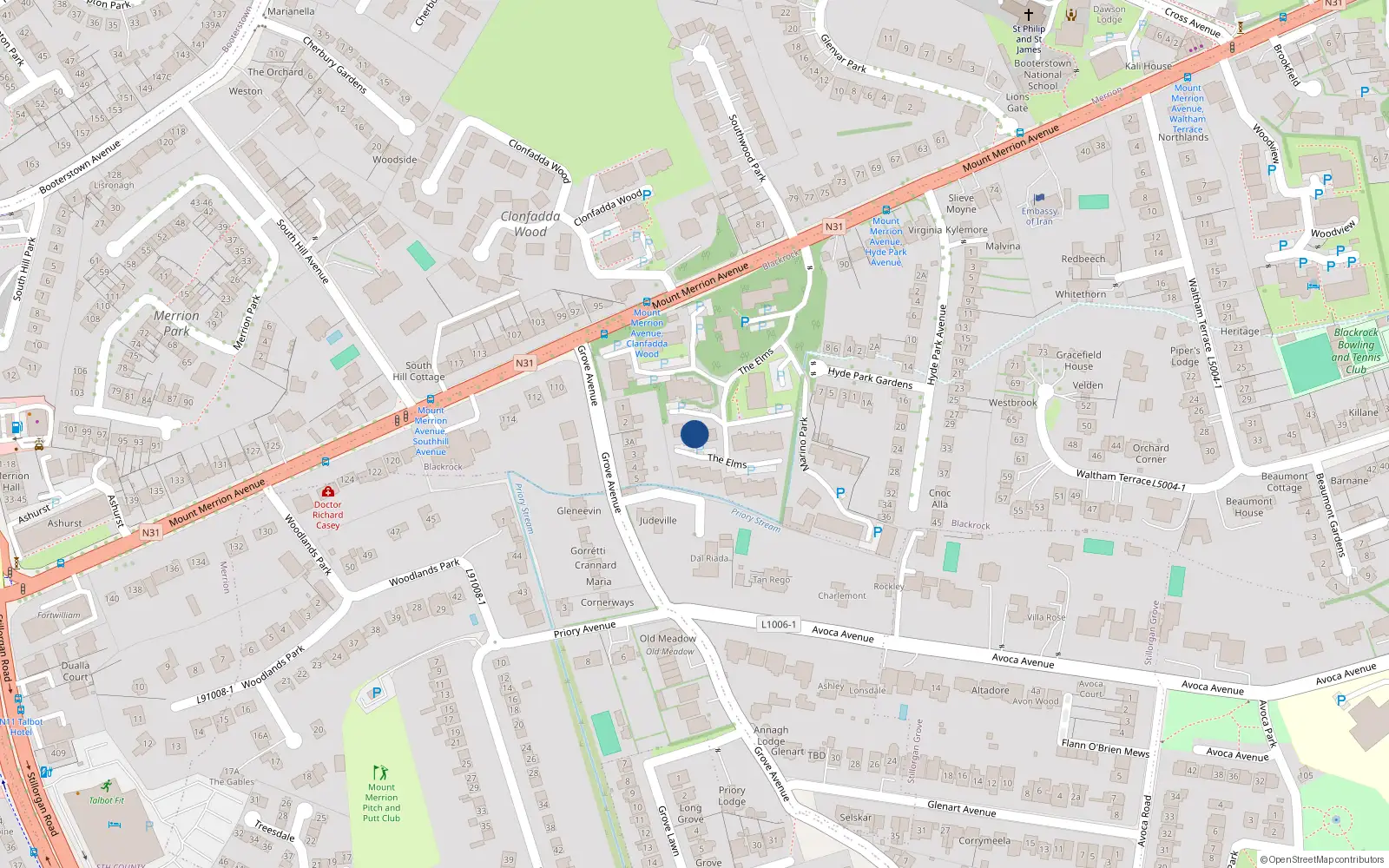 Overhead map showing the location of 87 The Elms, Blackrock
