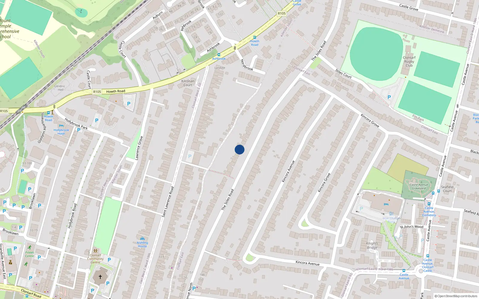 Overhead map showing the location of 87 the Stiles Road, Clontarf, Dublin 3