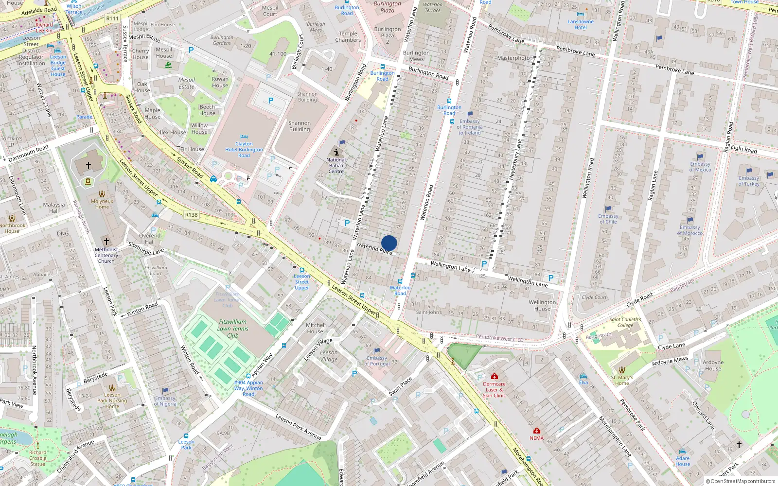 Overhead map showing the location of 87 Waterloo Road, Dublin