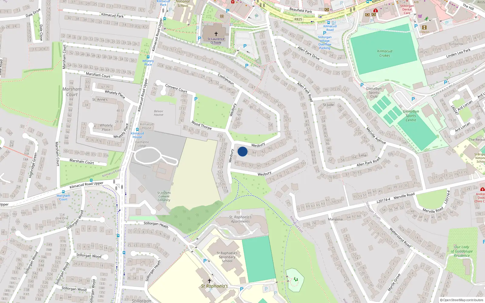 Overhead map showing the location of 87 Wesbury, Upper Kilmacud Road, Stillorgan