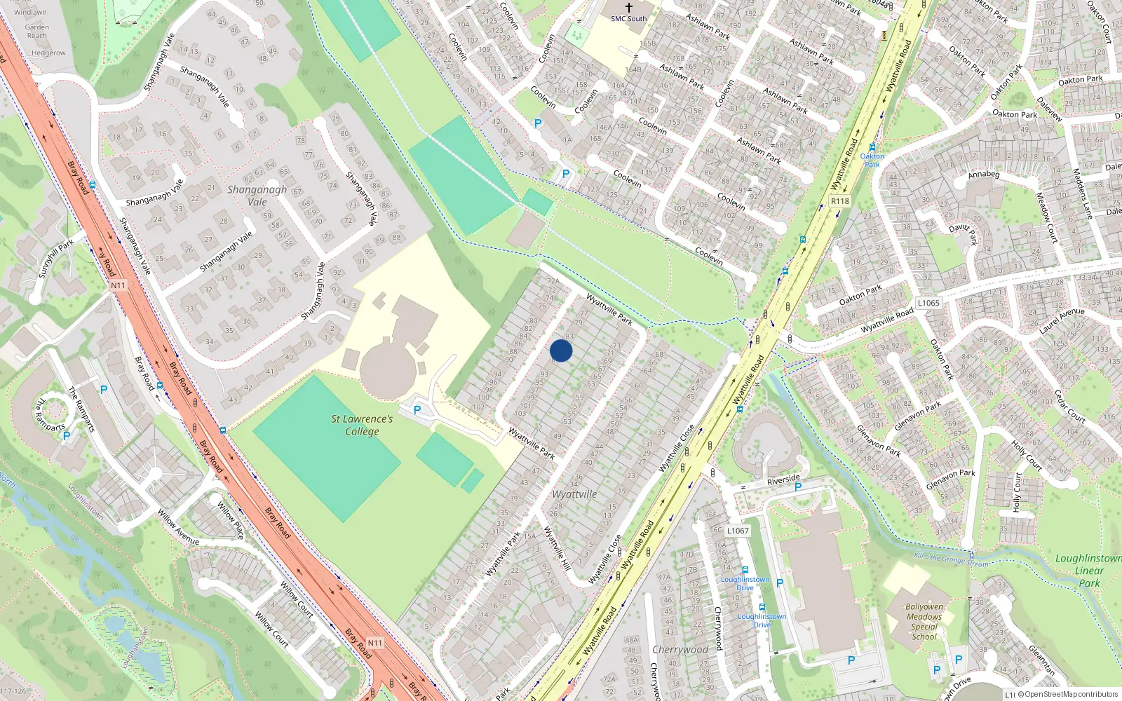 Overhead map showing the location of 87 Wyattville Park, Dun Laoghaire
