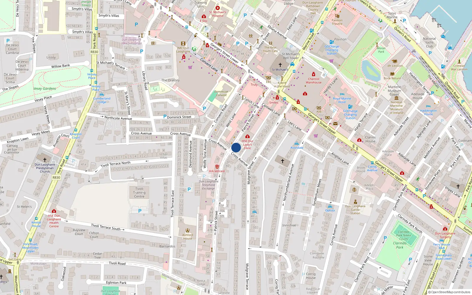 Overhead map showing the location of 87patrick St, Dun Laoghaire, Dublin