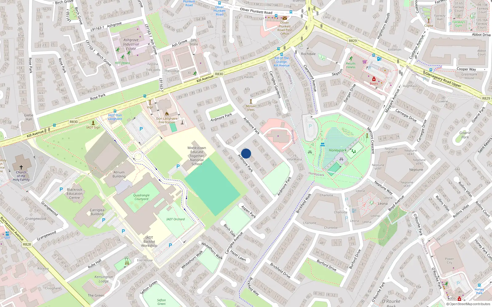 Overhead map showing the location of 88 Ardmore Park, Kill Avenue, Dun Laoghaire