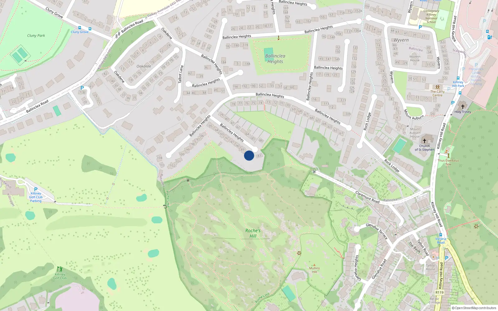Overhead map showing the location of 88 Ballinclea Heights, Killiney