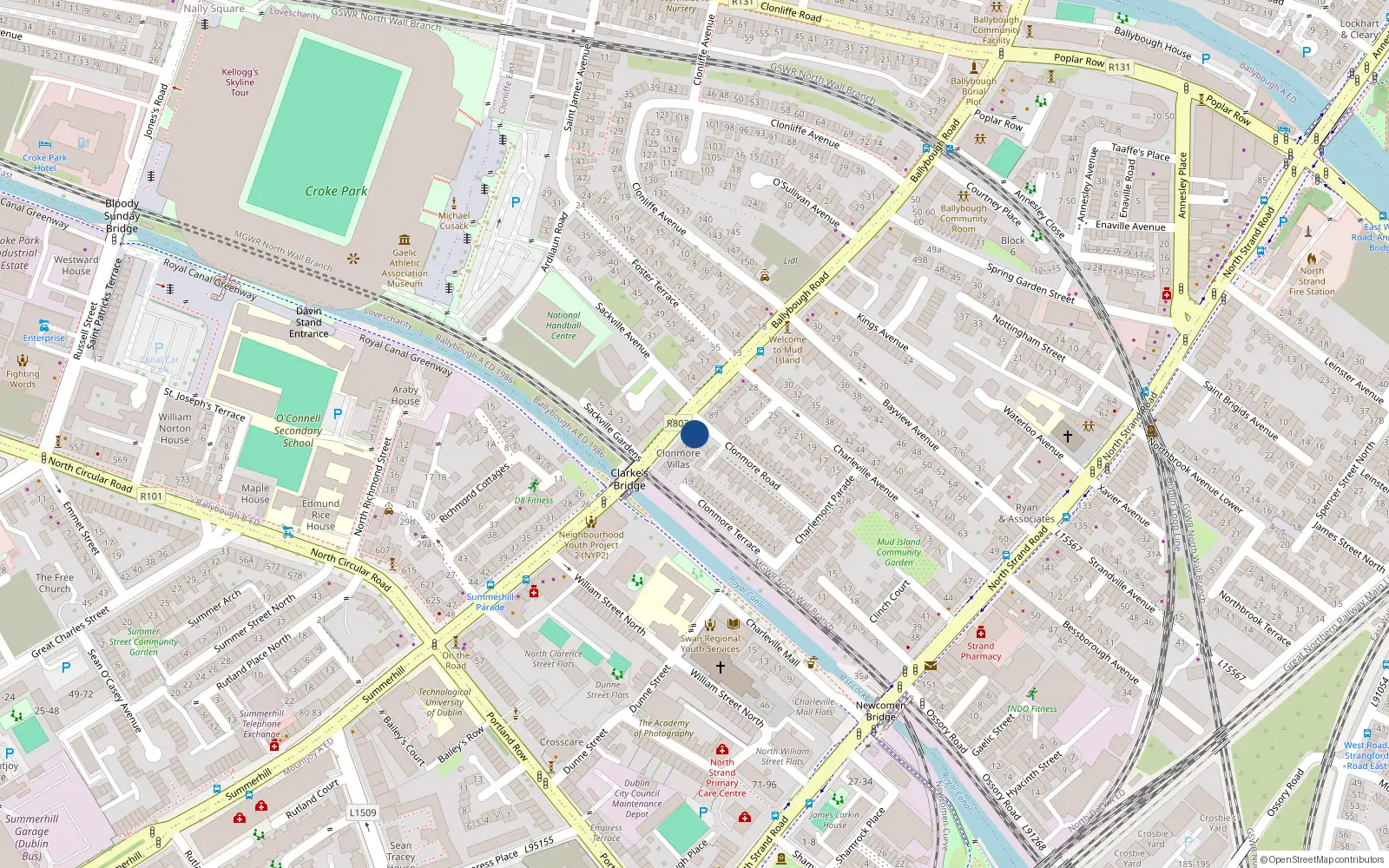 Overhead map showing the location of 88 Ballybough Road, Fairview, Dublin 3