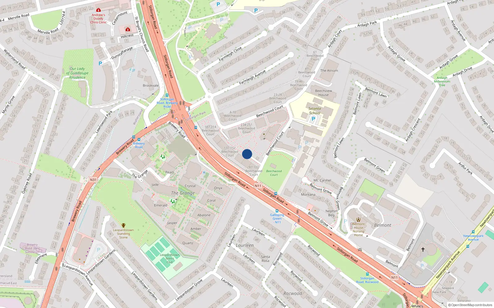 Overhead map showing the location of 88 Beechwood Court, Stillorgan