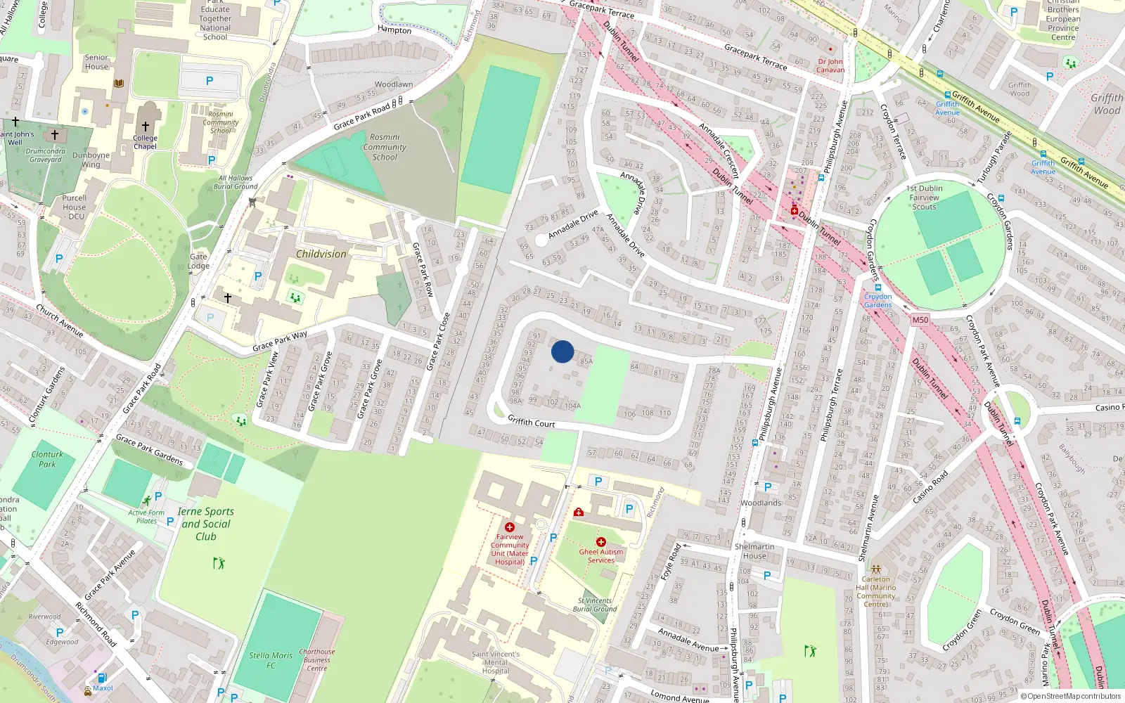 Overhead map showing the location of 88 Griffith Court, Dublin 3