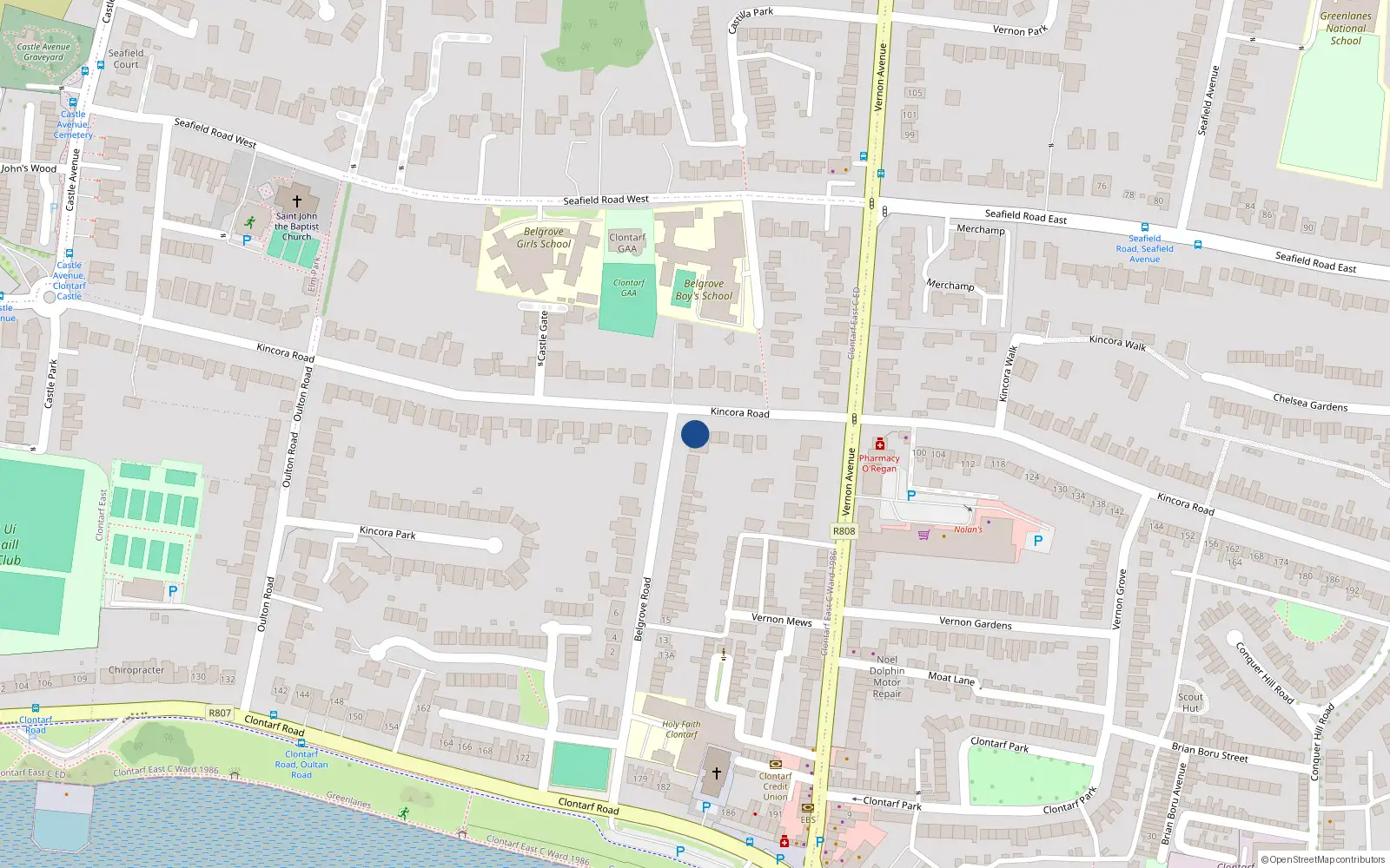 Overhead map showing the location of 88 Kincora Road, Clontarf, Dublin 3