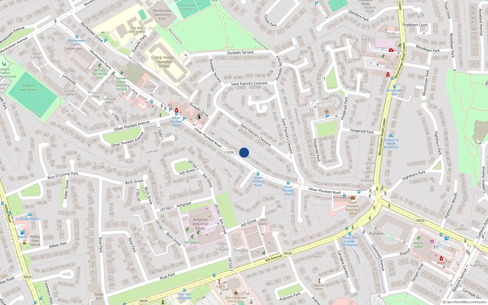 Overhead map showing the location of 88 Oliver Plunkett Road, Glenageary