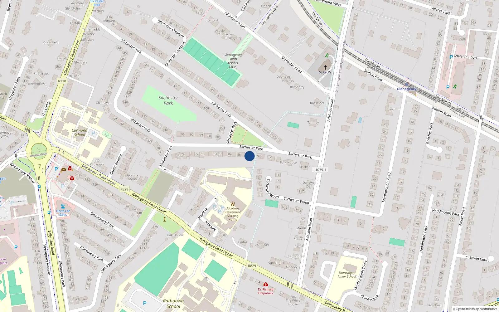 Overhead map showing the location of 88 Silchester Park, Glenageary, Dublin