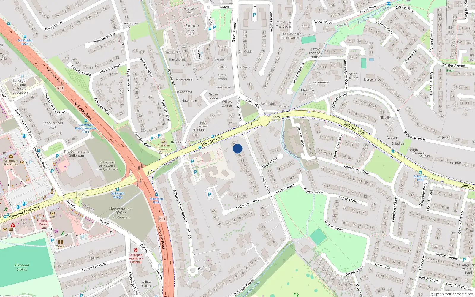 Overhead map showing the location of 88 Stillorgan Grove, Dublin
