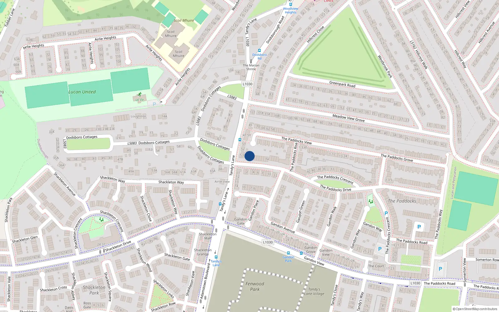 Overhead map showing the location of 88 The Paddocks Drive, Lucan
