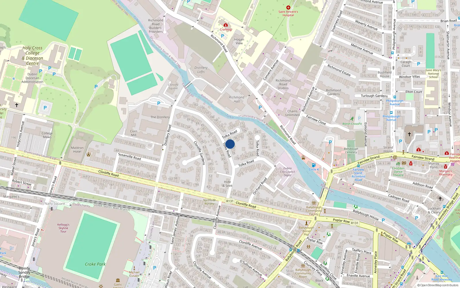 Overhead map showing the location of 88 Tolka Road, Clonliffe Road, Dublin 3