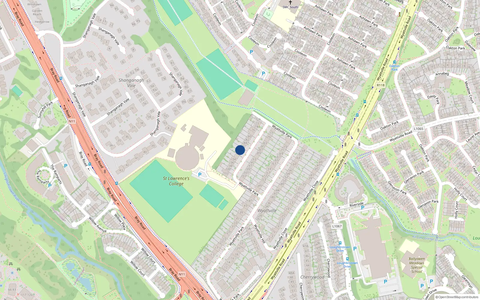 Overhead map showing the location of 88 Wyattville Park, Loughlinstown, Dublin