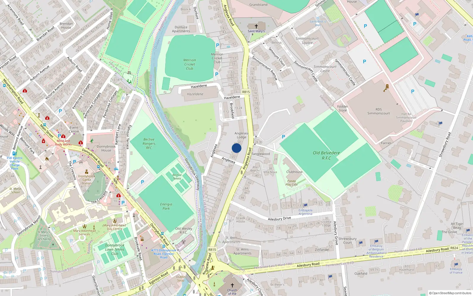 Overhead map showing the location of 89 Anglesea Road, Ballsbridge