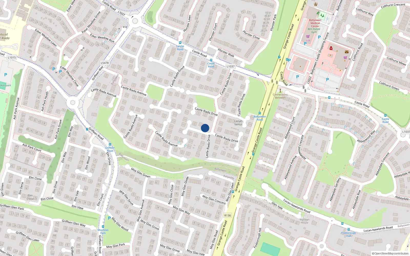 Overhead map showing the location of 89 Castle Riada Drive, Lucan