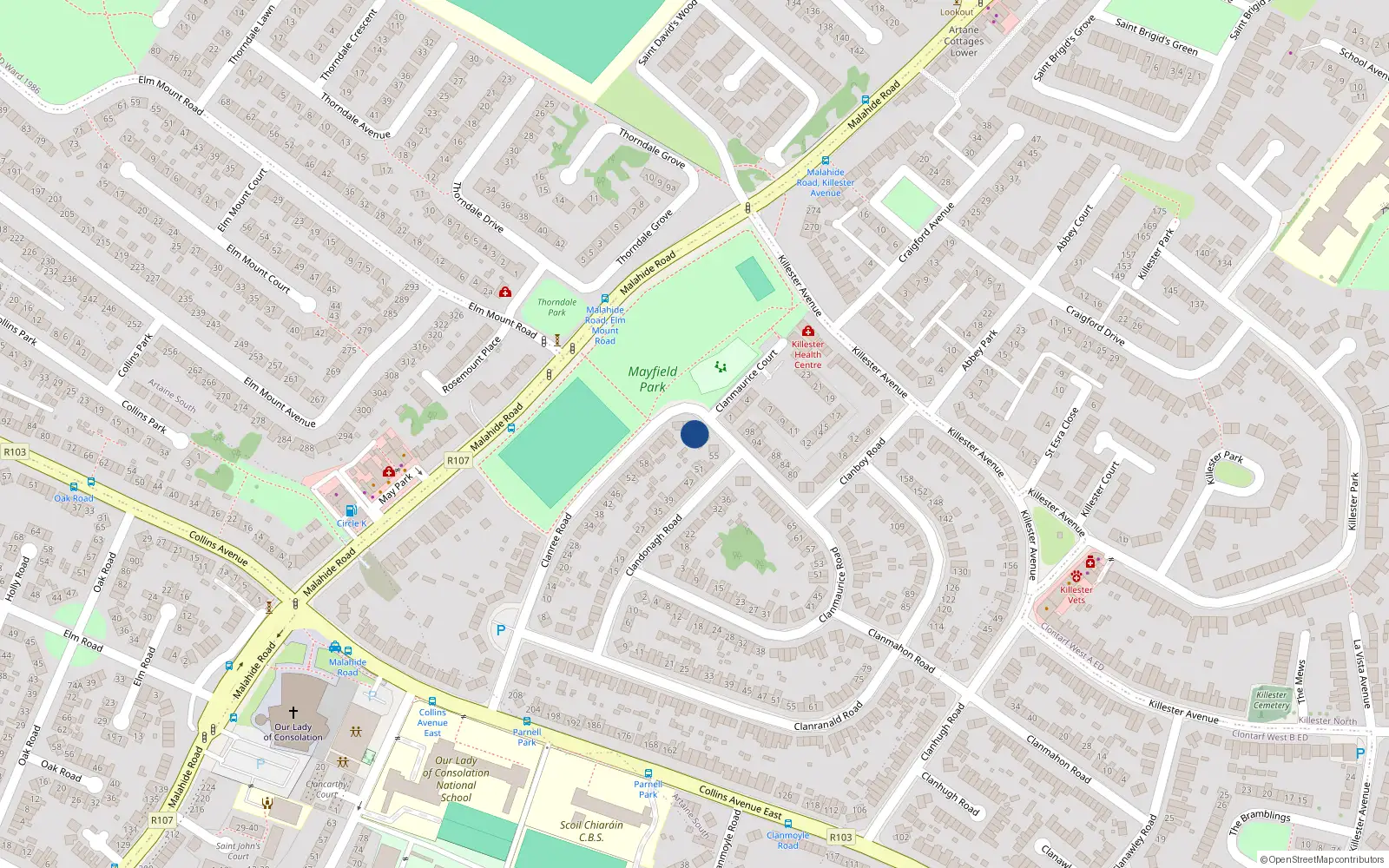 Overhead map showing the location of 89 Clanmaurice Road, Dublin 5