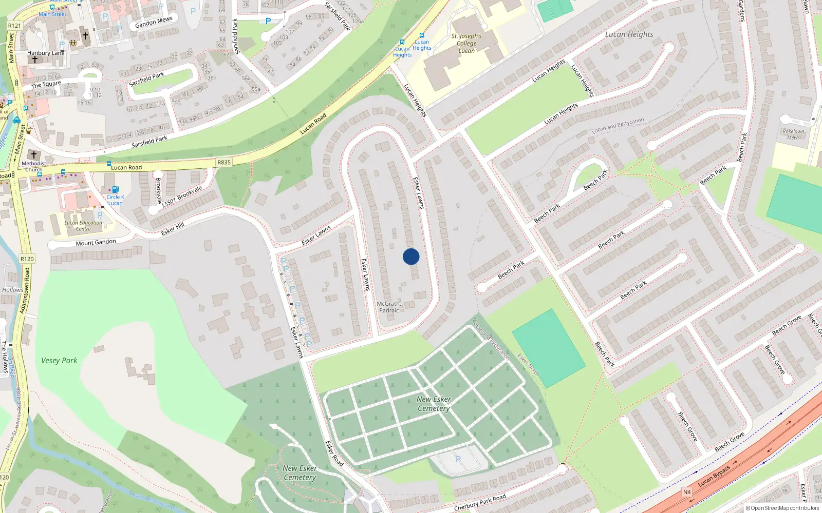 Overhead map showing the location of 89 Esker Lawns, Lucan, Dublin