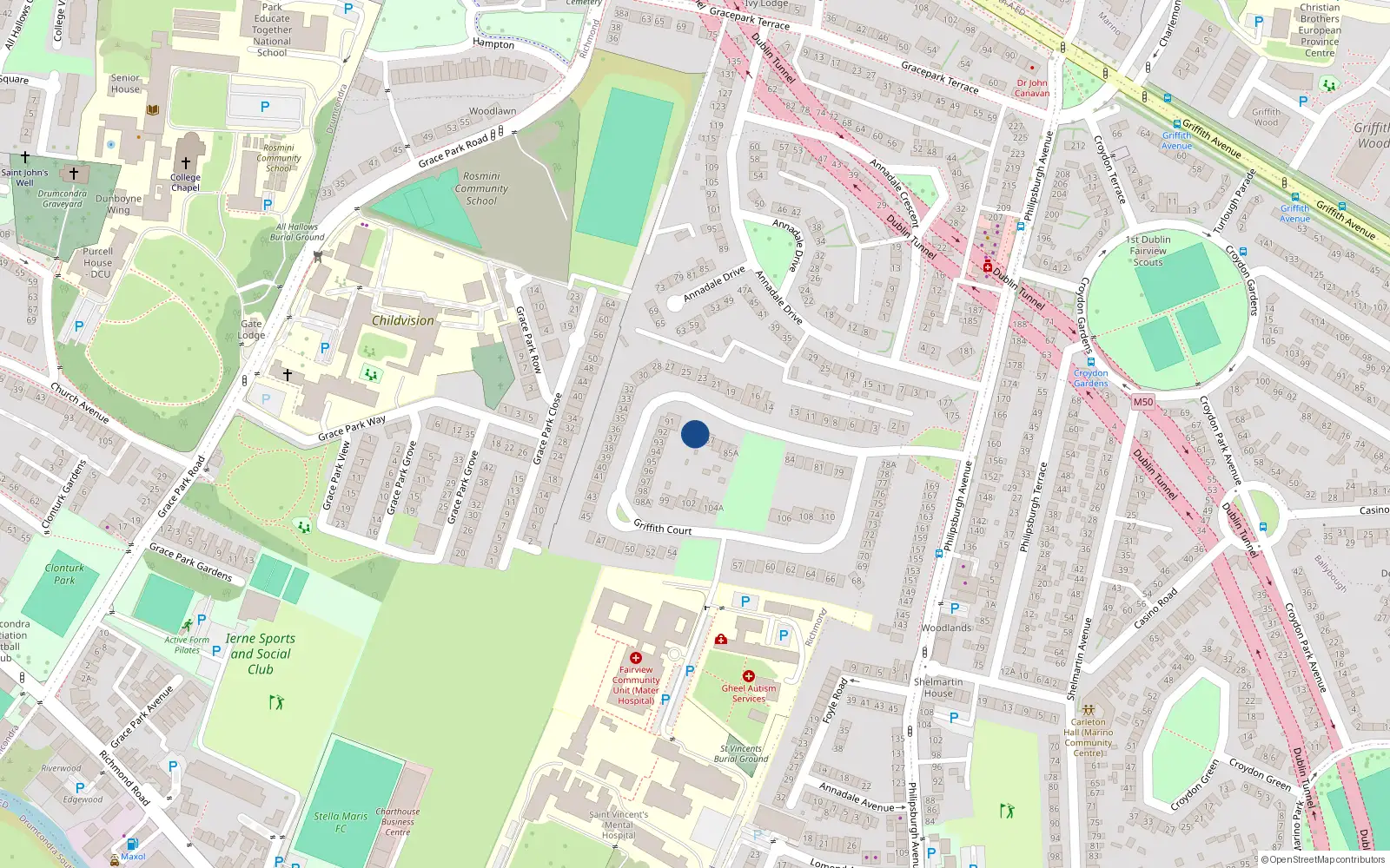 Overhead map showing the location of 89 Griffith Court, Dublin 3
