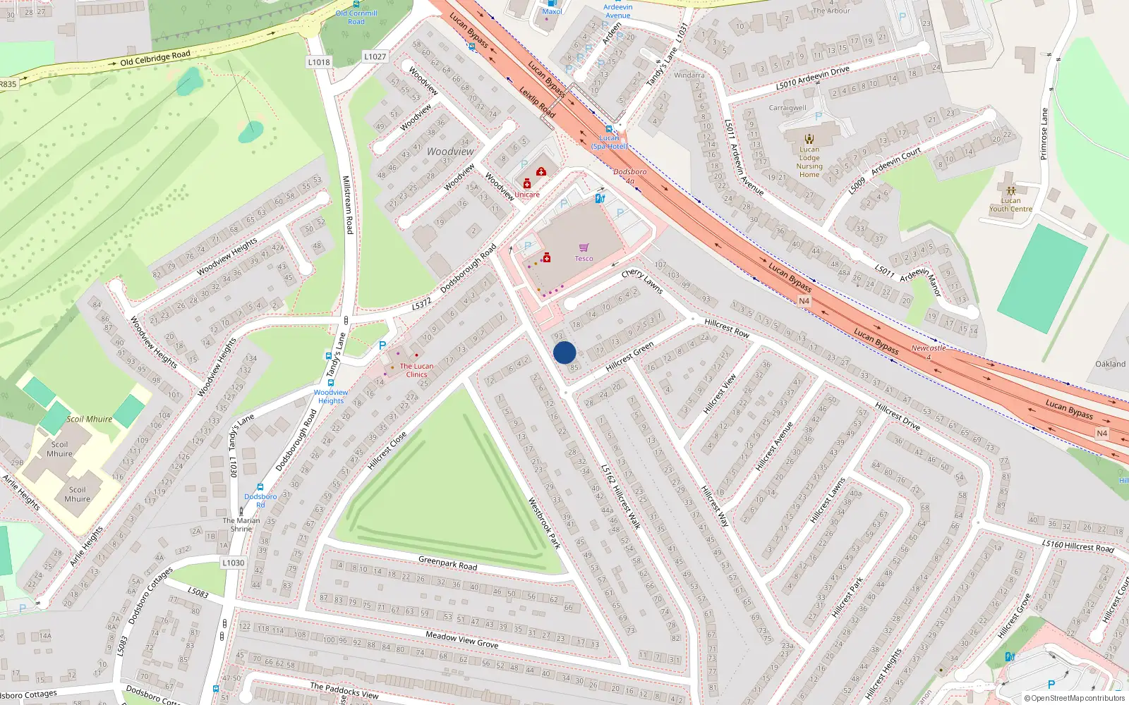 Overhead map showing the location of 89 Hillcrest Walk, Lucan, Dublin