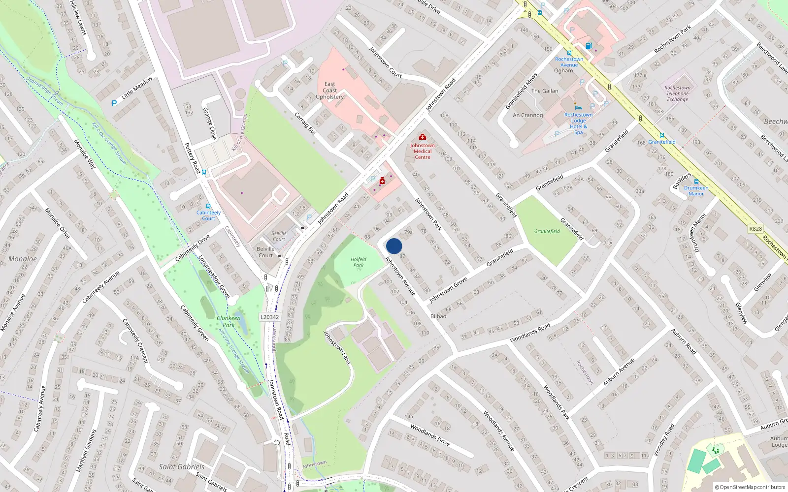 Overhead map showing the location of 89 Johnstown Avenue, Dun Laoghaire, Dublin