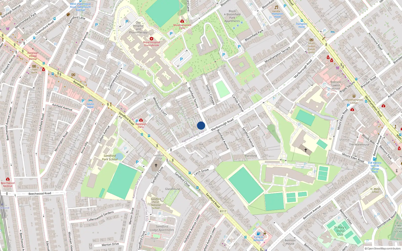 Overhead map showing the location of 89 Marlborough Road, Donnybrook