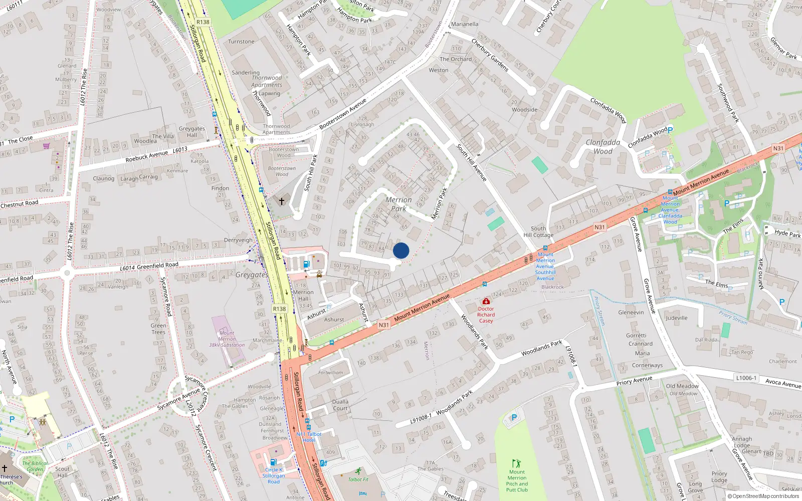 Overhead map showing the location of 89 Merrion Park, Blackrock
