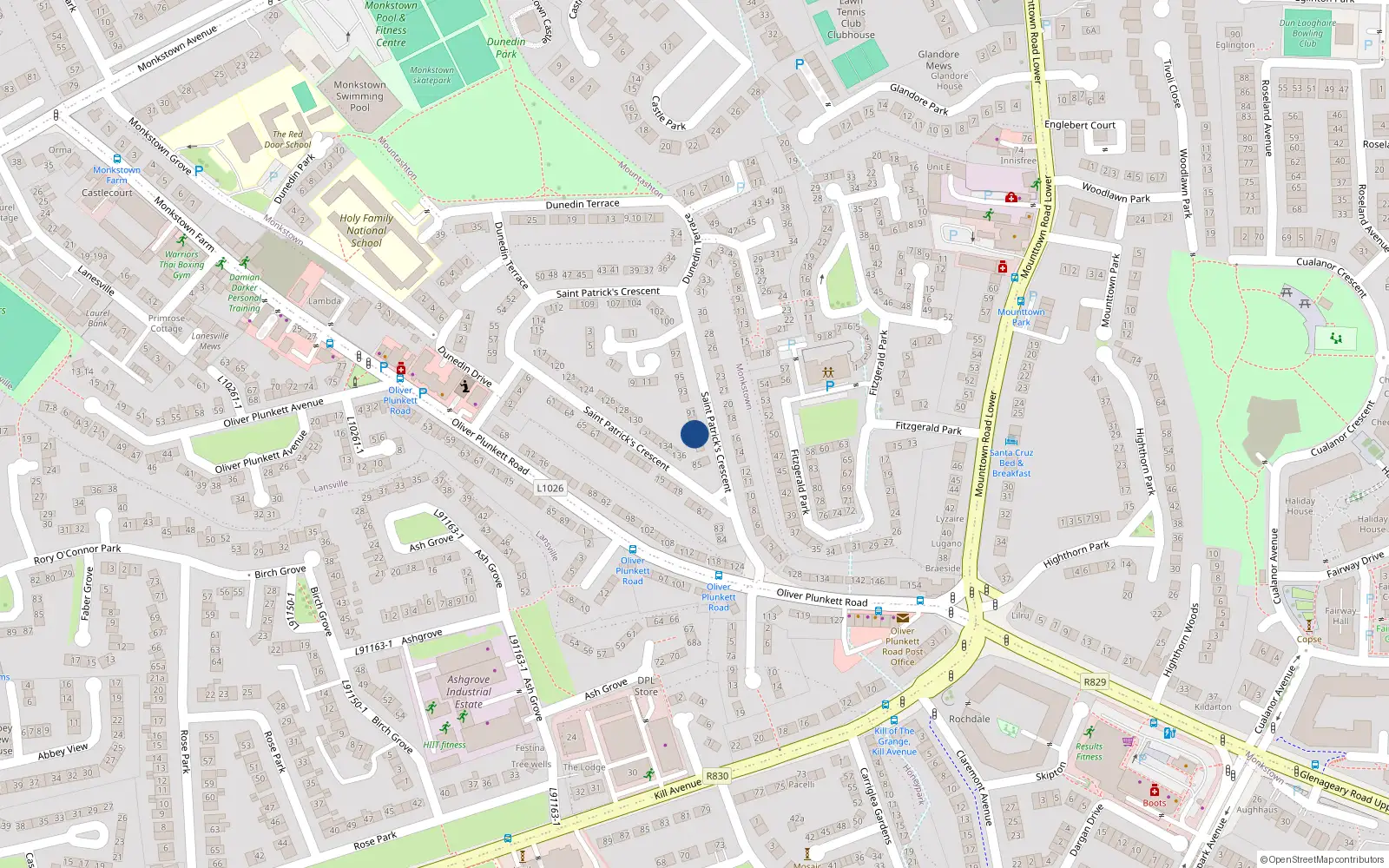 Overhead map showing the location of 89 St Patricks Crescent, Monkstown Farm, Dun Laoghaire