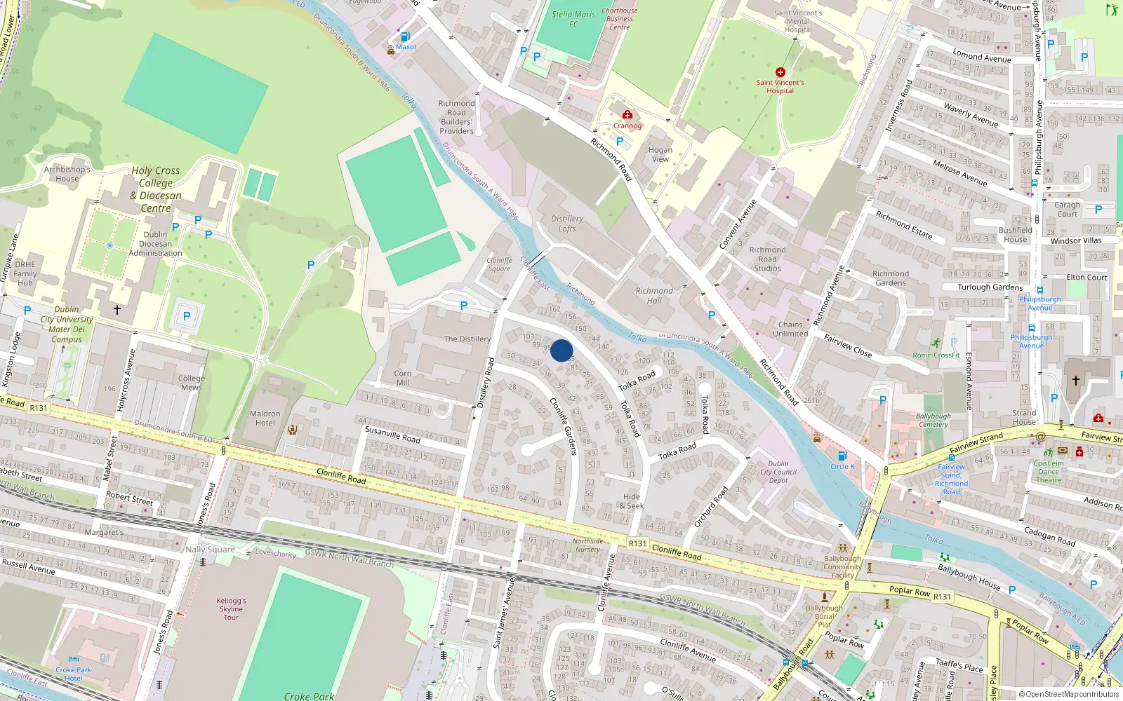Overhead map showing the location of 89 Tolka Road, Ballybough, Dublin 3