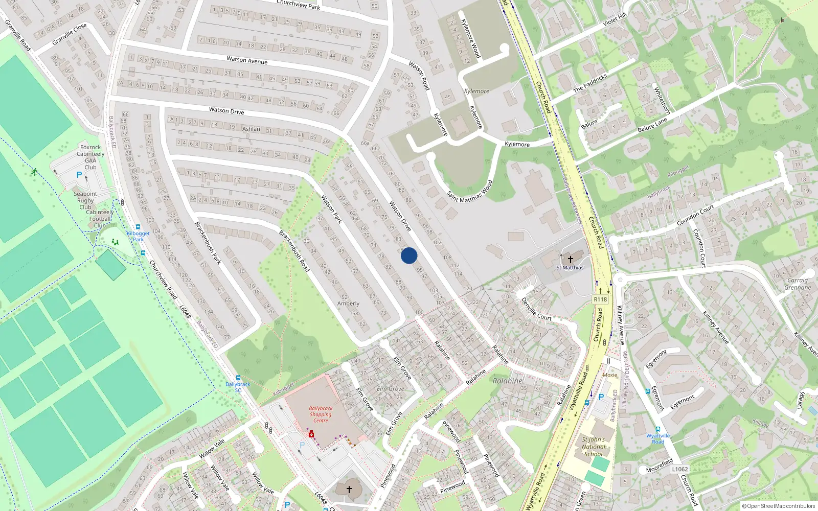 Overhead map showing the location of 89 Watson Drive, Killiney, Dublin