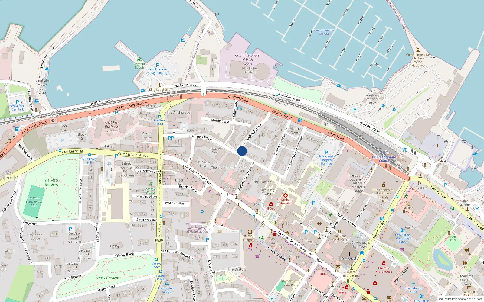 Overhead map showing the location of 8A Georges Place, Dun Laoghaire, Dublin