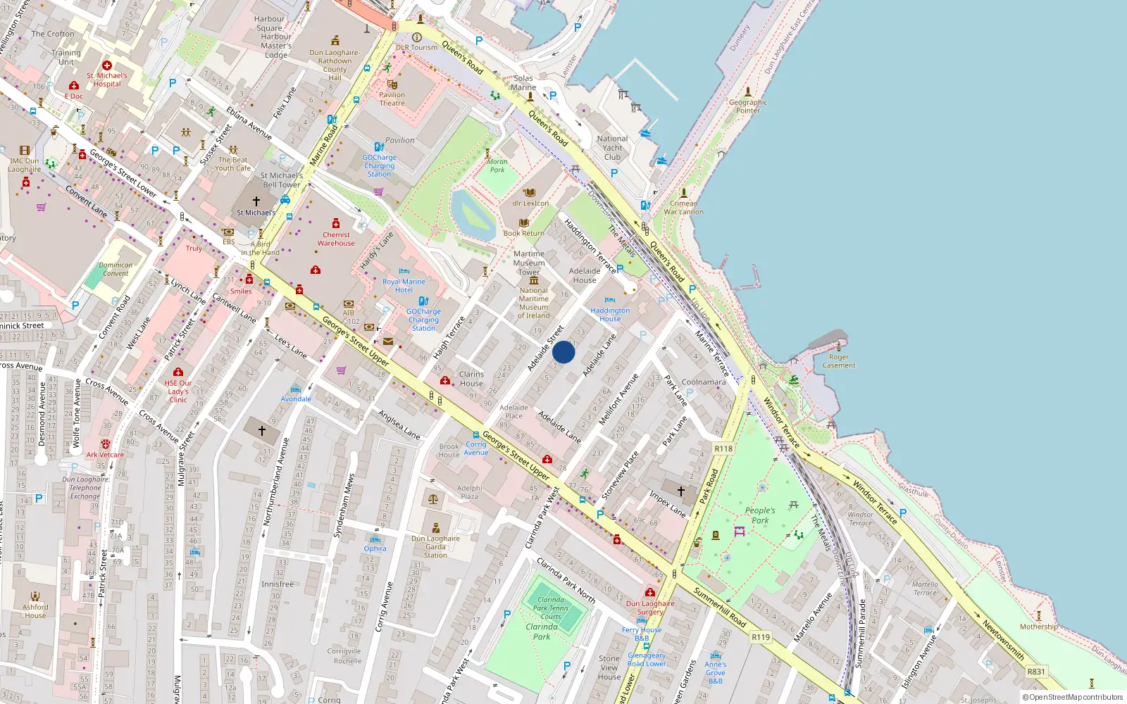 Overhead map showing the location of 9 Adelaide Street, Dublin