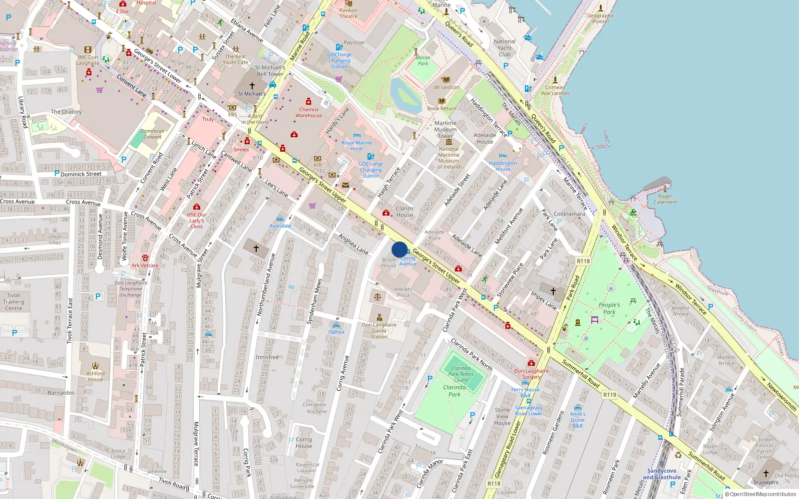 Overhead map showing the location of 9 Adelphi Manor, 40 George's Street Upper, Dun Laoghaire